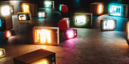 image of many powered on different crt televisions laying on the floor